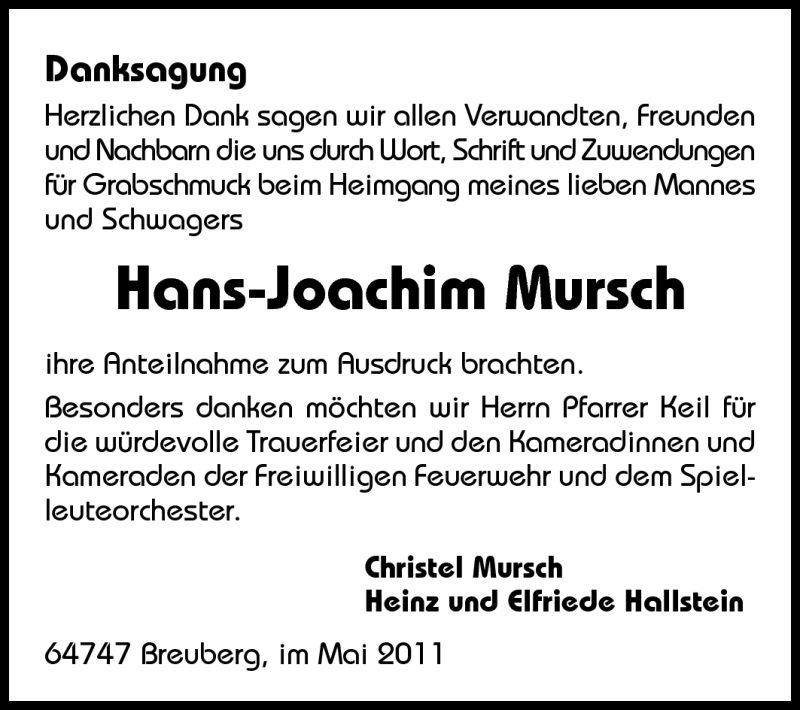  Traueranzeige für Hans-Joachim Mursch vom 10.05.2011 aus Echo-Zeitungen (Gesamtausgabe)