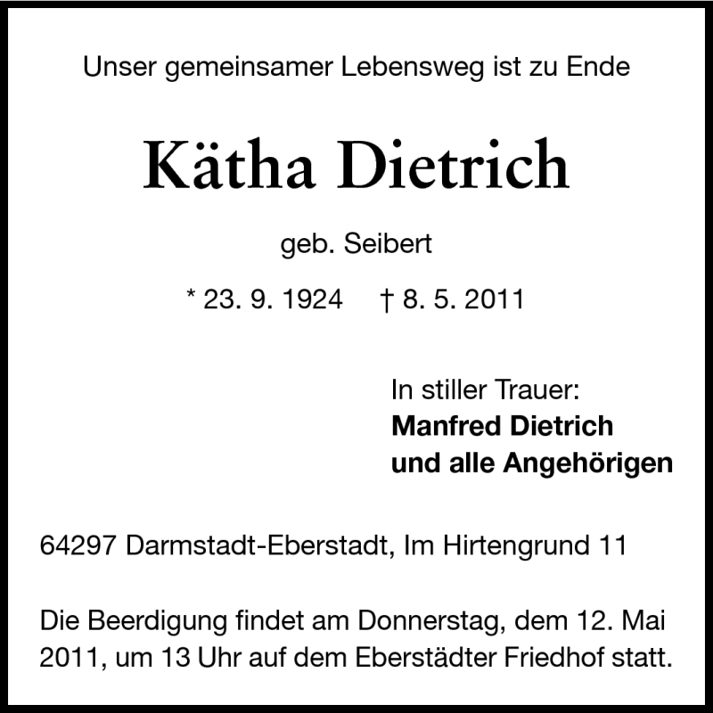  Traueranzeige für Käthe Dietrich vom 10.05.2011 aus Echo-Zeitungen (Gesamtausgabe)