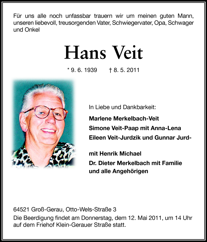  Traueranzeige für Hans Veit vom 10.05.2011 aus Rüsselsheimer Echo, Groß-Gerauer-Echo, Ried Echo