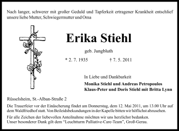 Traueranzeige von Erika Stiehl von Rüsselsheimer Echo, Groß-Gerauer-Echo, Ried Echo
