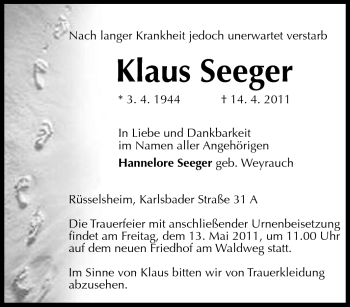 Traueranzeige von Klaus Seeger von Echo-Zeitungen (Gesamtausgabe)