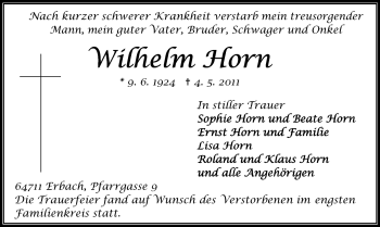 Traueranzeige von Wilhelm Horn von Odenwälder Echo