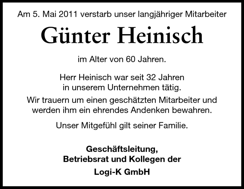  Traueranzeige für Günter Heinisch vom 10.05.2011 aus Echo-Zeitungen (Gesamtausgabe)