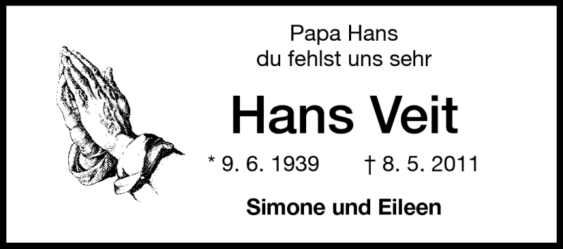  Traueranzeige für Hans Veit vom 11.05.2011 aus Rüsselsheimer Echo, Groß-Gerauer-Echo, Ried Echo