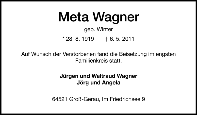  Traueranzeige für Meta Wagner vom 14.05.2011 aus Rüsselsheimer Echo, Groß-Gerauer-Echo, Ried Echo