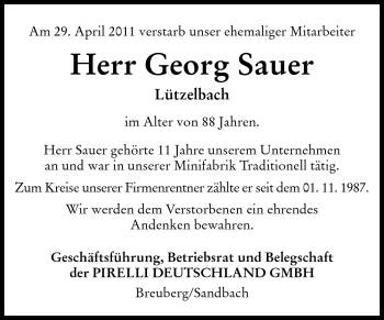 Traueranzeige von Georg Sauer von Odenwälder Echo