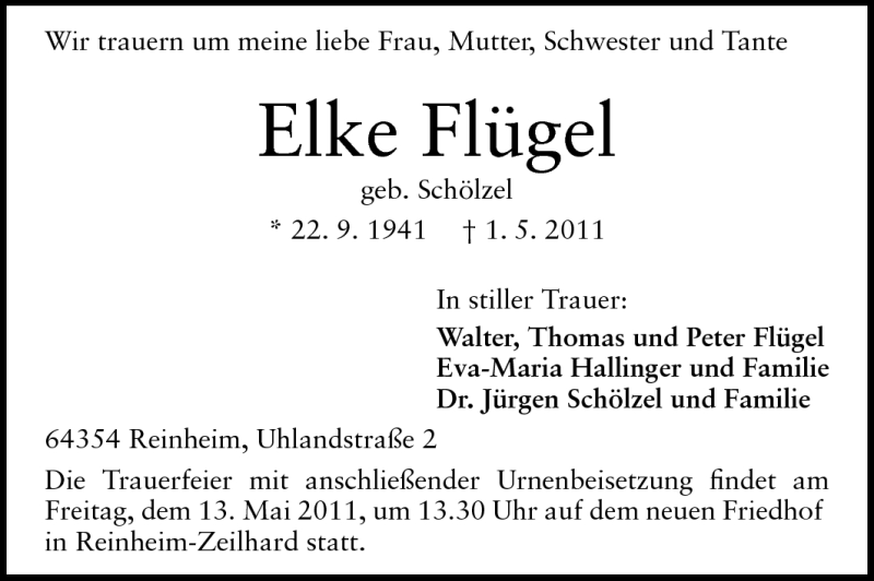  Traueranzeige für Elke Flügel vom 11.05.2011 aus Echo-Zeitungen (Gesamtausgabe)
