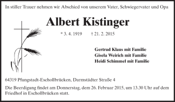 Traueranzeige von Albert Kistinger von Echo-Zeitungen (Gesamtausgabe)