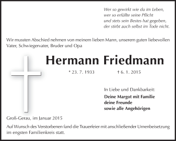 Traueranzeige von Hermann Friedmann von Rüsselsheimer Echo, Groß-Gerauer-Echo, Ried Echo