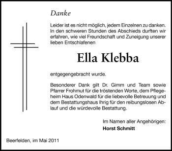 Traueranzeige von Ella Klebba von Odenwälder Echo