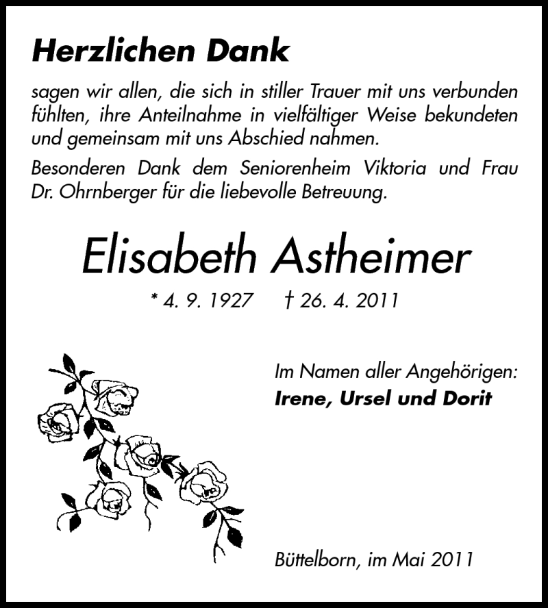  Traueranzeige für Elisabeth Astheimer vom 11.05.2011 aus Rüsselsheimer Echo, Groß-Gerauer-Echo, Ried Echo
