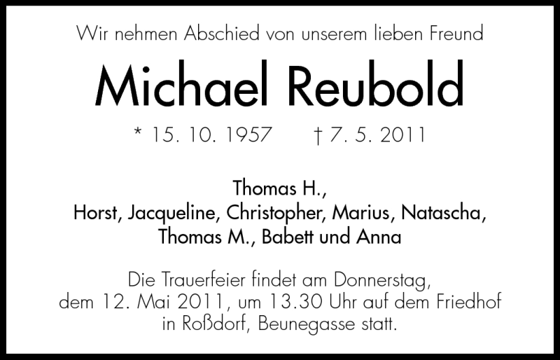  Traueranzeige für Michael Reubold vom 11.05.2011 aus Echo-Zeitungen (Gesamtausgabe)