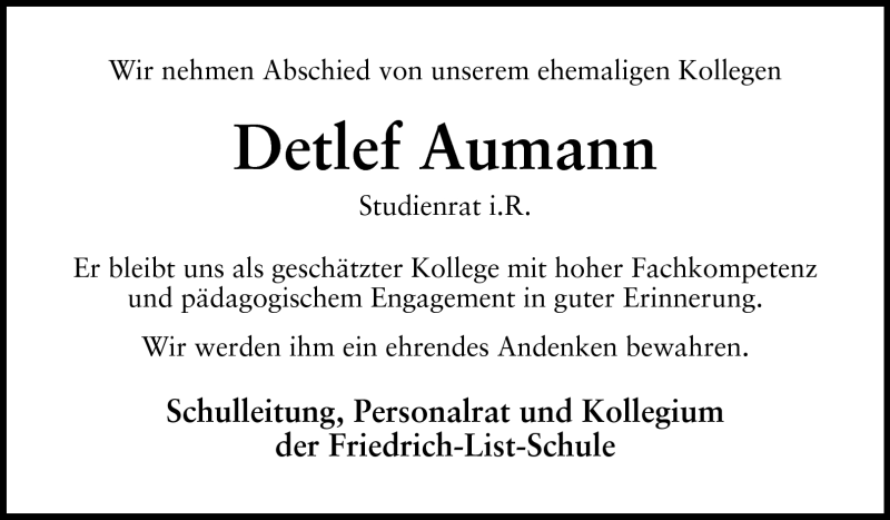  Traueranzeige für Detlef Aumann vom 14.05.2011 aus Rüsselsheimer Echo, Groß-Gerauer-Echo, Ried Echo