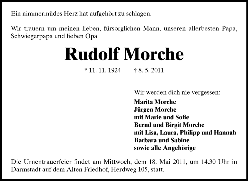  Traueranzeige für Rudolf Morche vom 14.05.2011 aus Darmstädter Echo, Odenwälder Echo, Rüsselsheimer Echo, Groß-Gerauer-Echo, Ried Echo