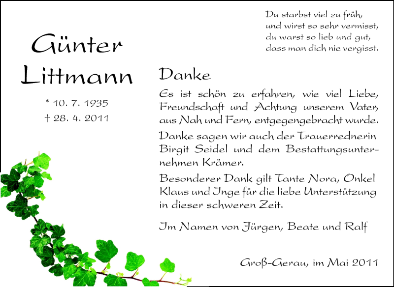  Traueranzeige für Günter Littmann vom 14.05.2011 aus Rüsselsheimer Echo, Groß-Gerauer-Echo, Ried Echo