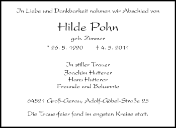 Traueranzeige von Hilde Pohn von Rüsselsheimer Echo, Groß-Gerauer-Echo, Ried Echo