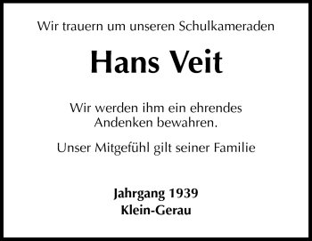 Traueranzeige von Hans Veit von Rüsselsheimer Echo, Groß-Gerauer-Echo, Ried Echo
