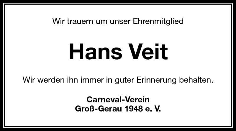  Traueranzeige für Hans Veit vom 12.05.2011 aus Rüsselsheimer Echo, Groß-Gerauer-Echo, Ried Echo