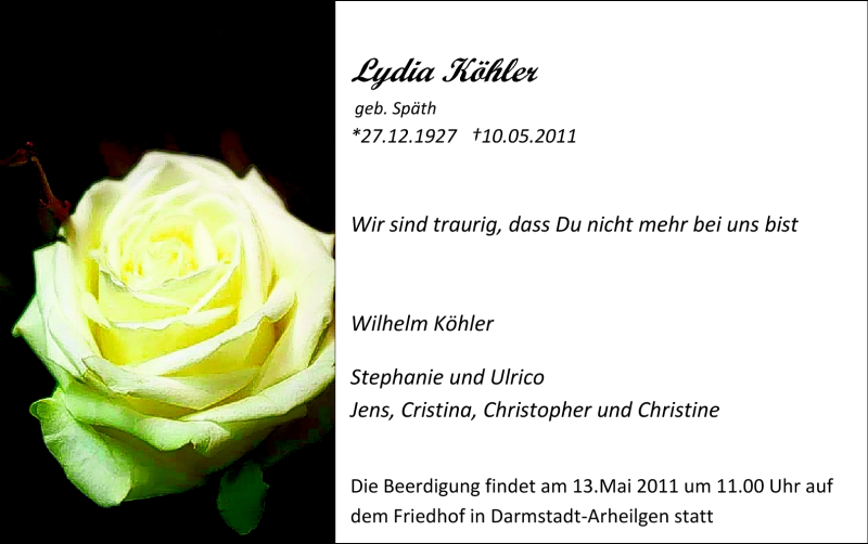  Traueranzeige für Lydia Köhler vom 12.05.2011 aus Echo-Zeitungen (Gesamtausgabe)