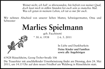 Traueranzeige von Marlies Spielmann von Rüsselsheimer Echo, Groß-Gerauer-Echo, Ried Echo