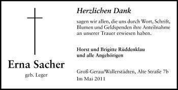 Traueranzeige von Erna Sacher von Rüsselsheimer Echo, Groß-Gerauer-Echo, Ried Echo