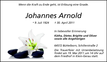 Traueranzeige von Arnold Johannes von Rüsselsheimer Echo, Groß-Gerauer-Echo, Ried Echo