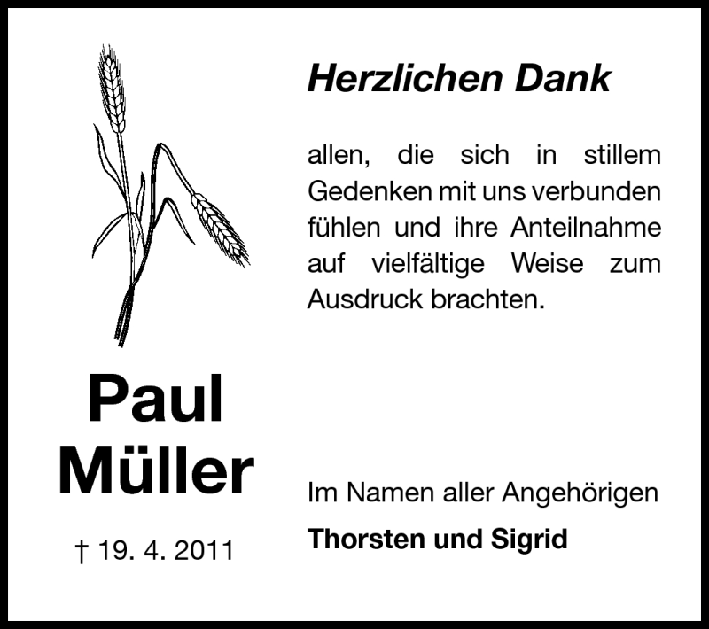  Traueranzeige für Paul Müller vom 12.05.2011 aus Rüsselsheimer Echo, Groß-Gerauer-Echo, Ried Echo