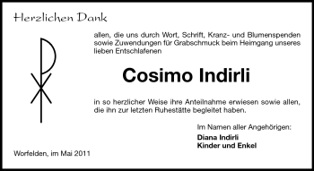 Traueranzeige von Cosimo Vittorio Indirli von Rüsselsheimer Echo, Groß-Gerauer-Echo, Ried Echo