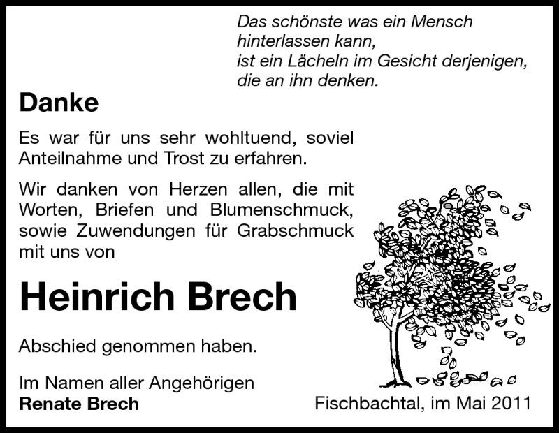  Traueranzeige für Heinrich Brech vom 14.05.2011 aus Echo-Zeitungen (Gesamtausgabe)