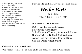 Traueranzeige von Heike Birli von Echo-Zeitungen (Gesamtausgabe)