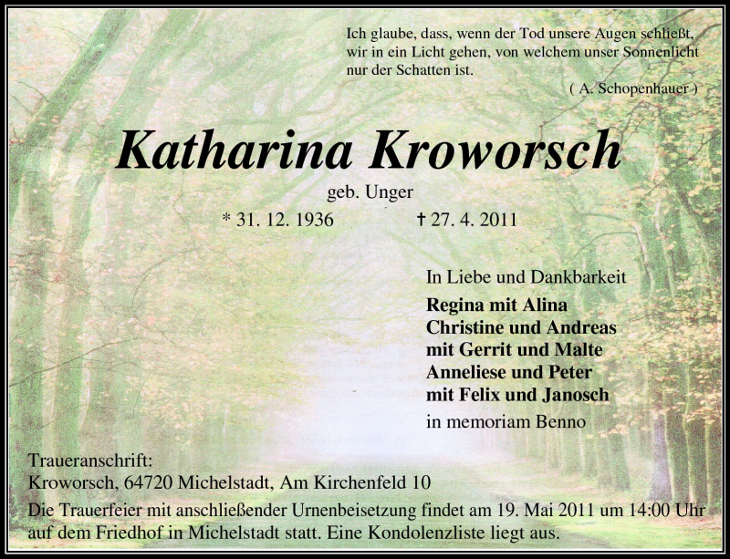 Traueranzeige für Katharina Kroworsch vom 14.05.2011 aus Odenwälder Echo