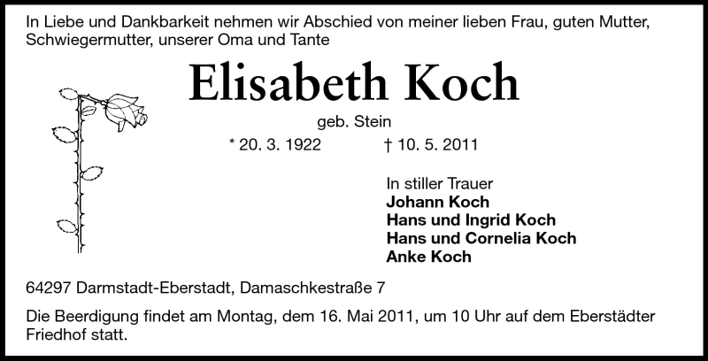  Traueranzeige für Elisabeth Koch vom 14.05.2011 aus Echo-Zeitungen (Gesamtausgabe)