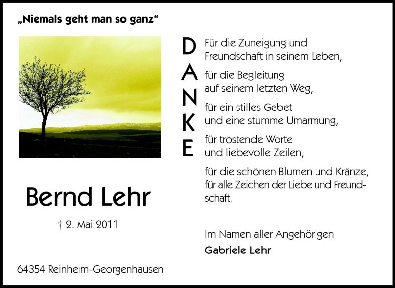  Traueranzeige für Bernd Lehr vom 21.05.2011 aus Echo-Zeitungen (Gesamtausgabe)