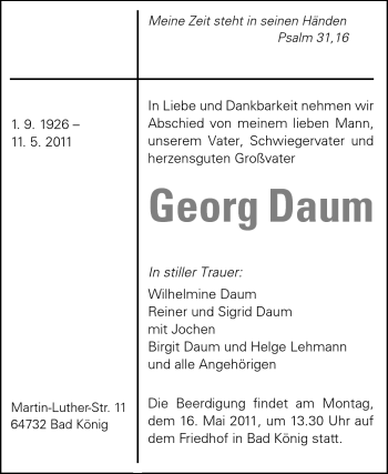 Traueranzeige von Georg Daum von Odenwälder Echo