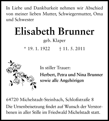 Traueranzeige von Elisabeth Brunner von Odenwälder Echo
