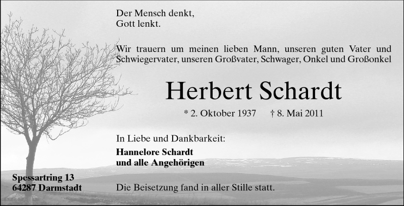  Traueranzeige für Herbert Schardt vom 21.05.2011 aus Darmstädter Echo, Odenwälder Echo, Rüsselsheimer Echo, Groß-Gerauer-Echo, Ried Echo