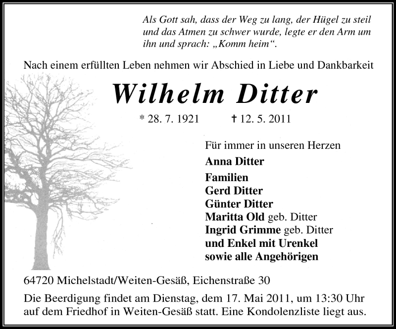  Traueranzeige für Wilhelm Ditter vom 14.05.2011 aus Odenwälder Echo