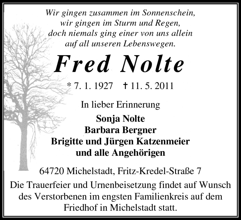  Traueranzeige für Fred Nolte vom 14.05.2011 aus Odenwälder Echo
