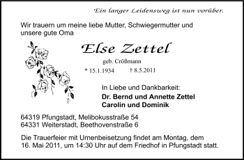Traueranzeige von Else Zettel von Echo-Zeitungen (Gesamtausgabe)