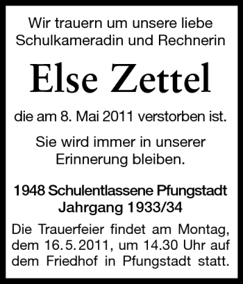Traueranzeige von Else Zettel von Echo-Zeitungen (Gesamtausgabe)