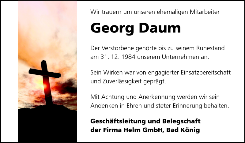  Traueranzeige für Georg Daum vom 14.05.2011 aus Echo-Zeitungen (Gesamtausgabe)