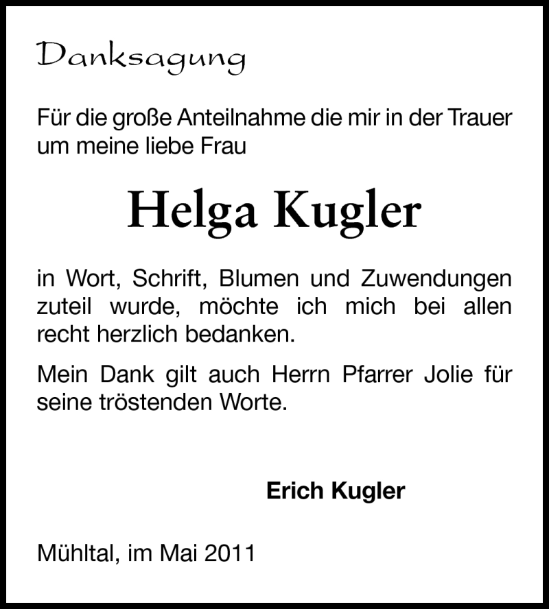  Traueranzeige für Helga Kugler vom 14.05.2011 aus Echo-Zeitungen (Gesamtausgabe)