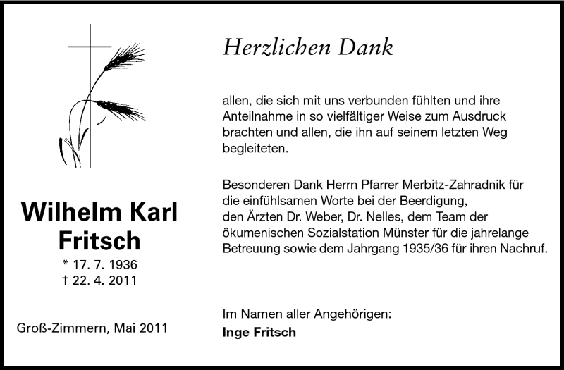  Traueranzeige für Wilhelm Karl Fritsch vom 14.05.2011 aus Echo-Zeitungen (Gesamtausgabe)