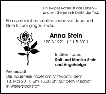 Traueranzeige von Anna Stein von Echo-Zeitungen (Gesamtausgabe)