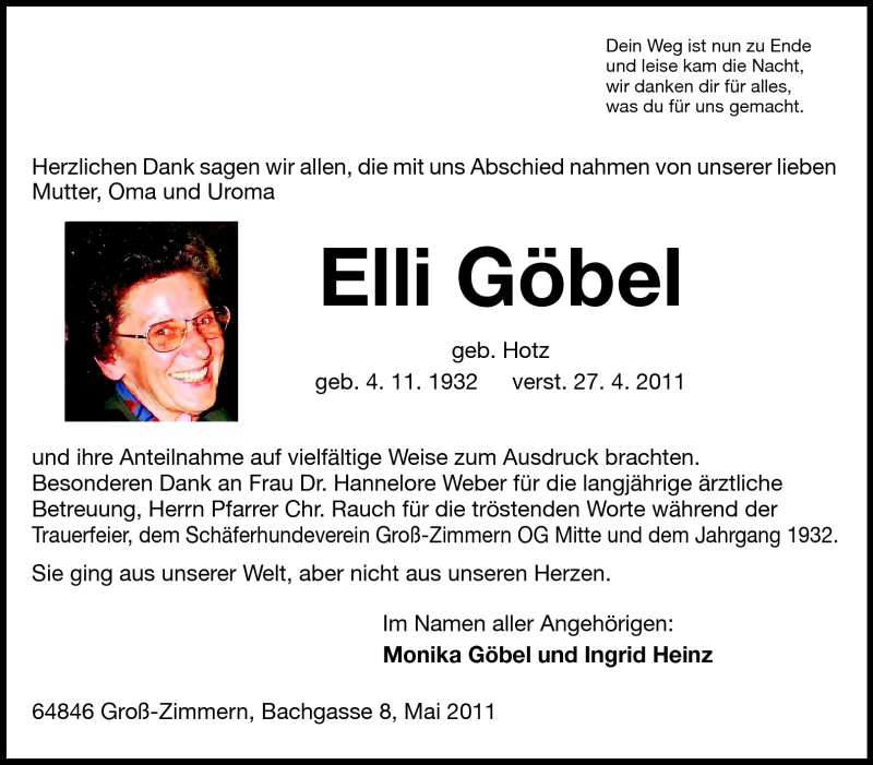  Traueranzeige für Elli Göbel vom 14.05.2011 aus Echo-Zeitungen (Gesamtausgabe)