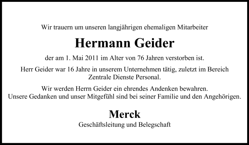 Traueranzeige für Hermann Geider vom 17.05.2011 aus Echo-Zeitungen (Gesamtausgabe)