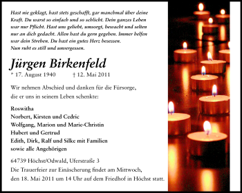 Traueranzeige von Jürgen Birkenfeld von Odenwälder Echo