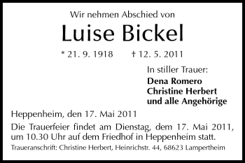 Traueranzeige von Luise Bickel von Starkenburger Echo