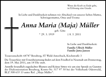 Traueranzeige von Anna Maria Müller von Odenwälder Echo