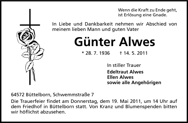  Traueranzeige für Günter Alwes vom 18.05.2011 aus Rüsselsheimer Echo, Groß-Gerauer-Echo, Ried Echo